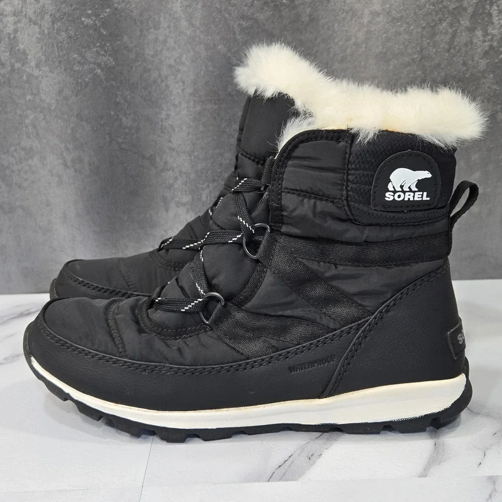 Sorel Whitney Short Lace Boots Womens 7.5 Black Waterproof Winter Faux Fur Snow